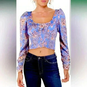 Free People Blue Floral Santiago Smocked Waist Long Sleeve Blouse Size XS